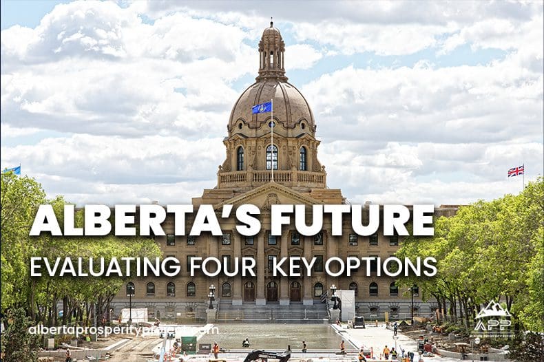 A picture of the alberta legislature building with text that reads " alberta 's future. Evaluating four key options ".