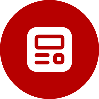 Icon of a white rounded square with rectangles and a circle inside, on a red circular background.