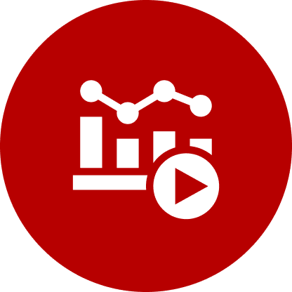 White bar and line graph with a play button on a red circular background.