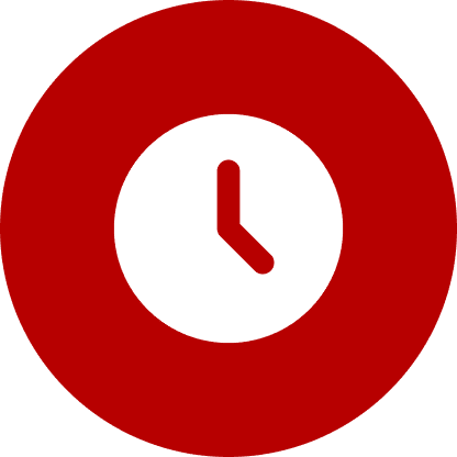 A white clock icon showing 2 o'clock is centered on a red circular background.