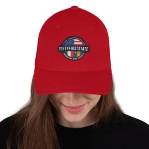 A woman wearing a red hat with an american flag on it.