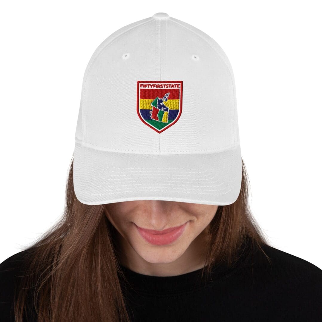 A woman wearing a white hat with a logo on it.