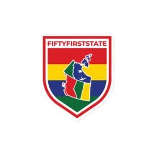 A red, yellow and green shield with the words " fiftyfirststate ".