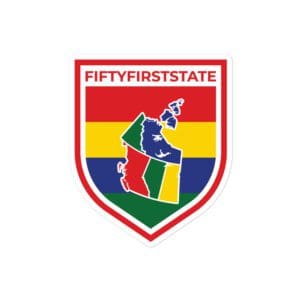 A red, yellow and green shield with the words " fiftyfirststate ".