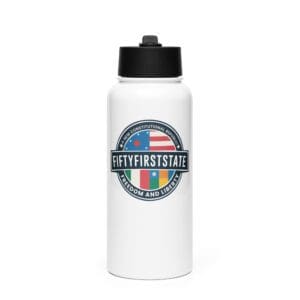 A white water bottle with the words " fifty first state " on it.