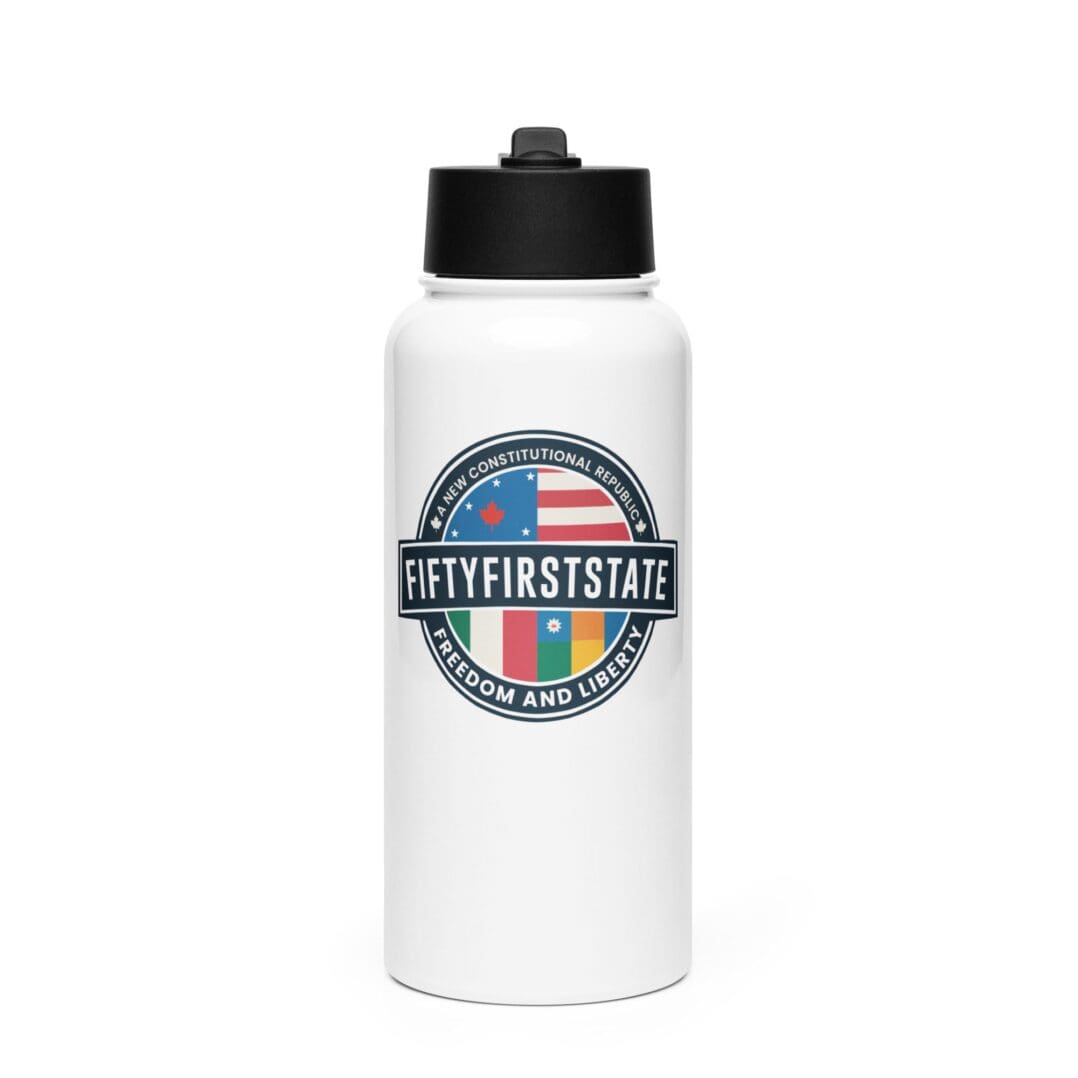 A white water bottle with the words " fifty first state " on it.