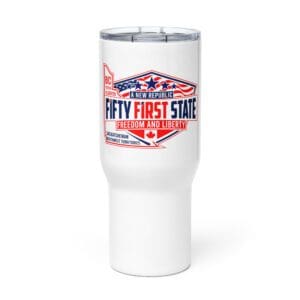 A white cup with the words fifty first state written on it.