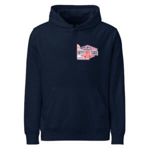 A navy blue hoodie with an image of the state of washington.