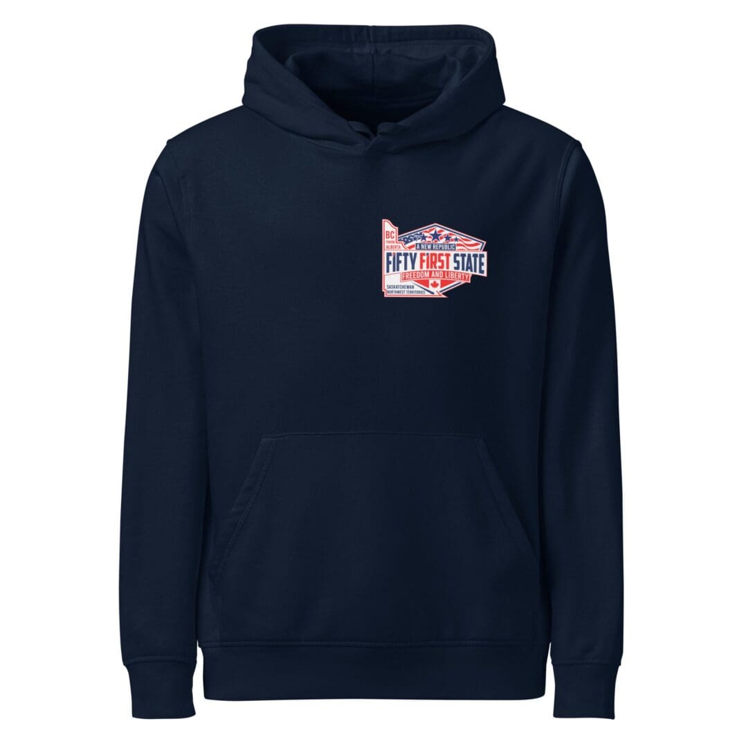 A navy blue hoodie with an image of the state of washington.