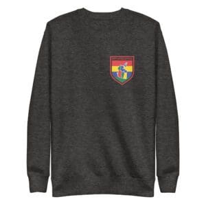 A dark colored sweatshirt with a patch on the chest.