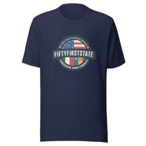 A navy blue t-shirt with the words fifty first state on it.