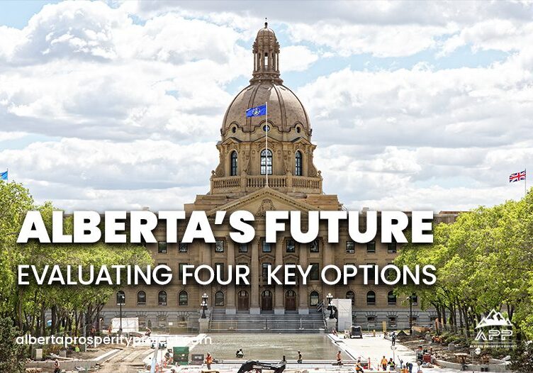 A picture of the alberta legislature building with text that reads " alberta 's future. Evaluating four key options ".